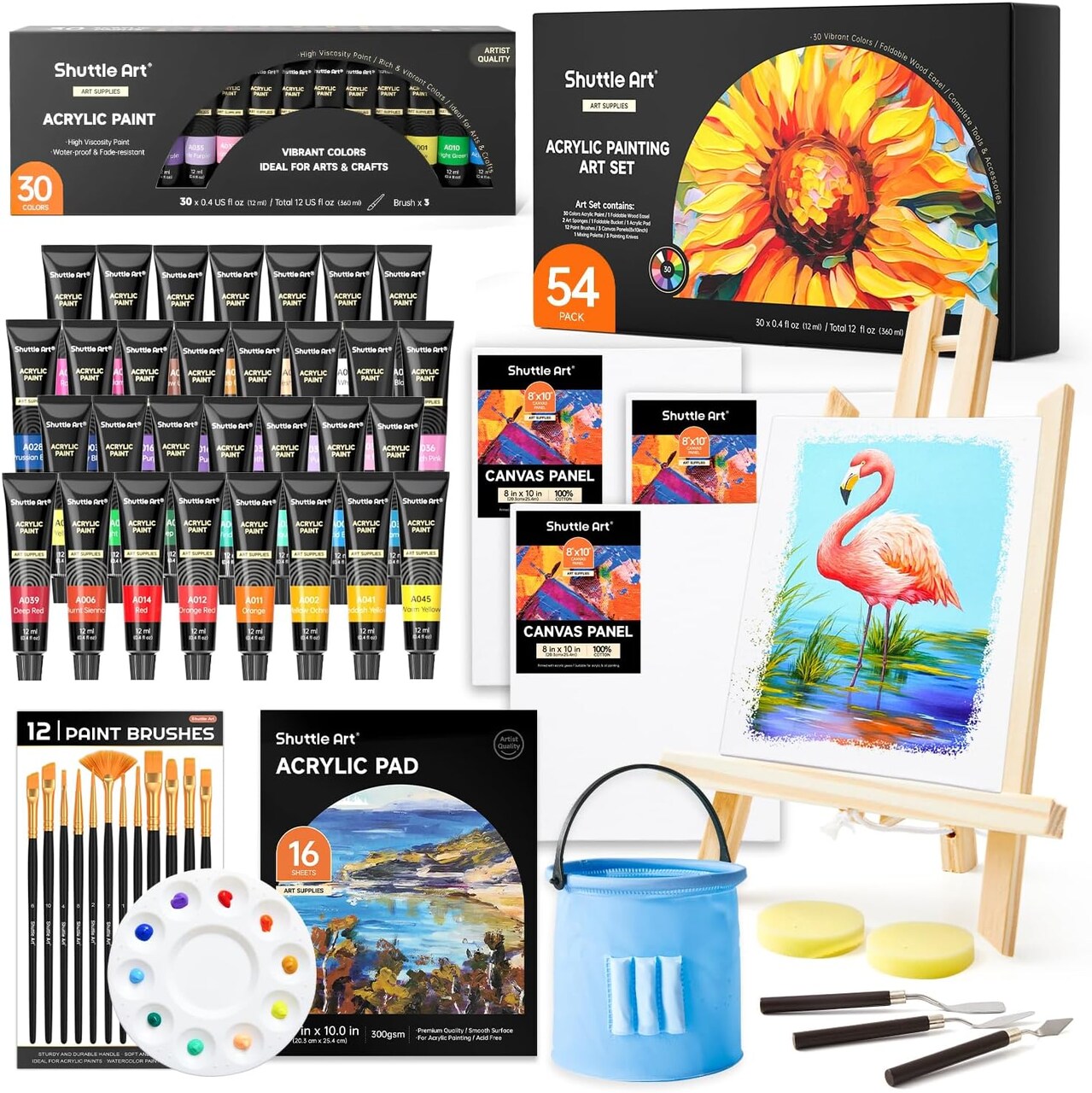 54 Pack Acrylic Paint Set, Acrylic Painting Set with 30 Colors Acrylic Paint, Wooden Easel, Painting Canvas, Paint Brushes, Palette, Art Painting Supplies for Kids Adults Beginner Artists